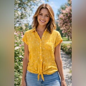 Old Navy XS Blusa Lino Amarilla Floral Boho Verano Trendy Viral